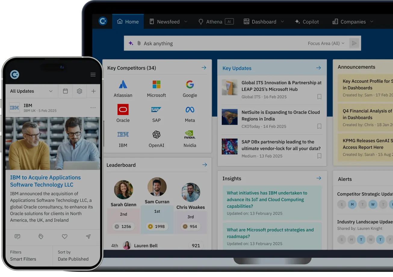 Contify intelligence platform on mobile & desktop with competitor insights, key updates & customer data